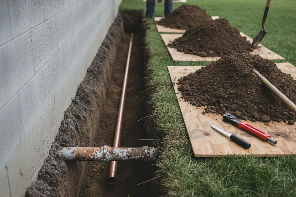 Excavated water line trench during Sewer Line Repair in Dorchester